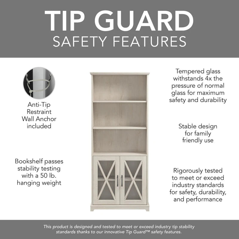 Bibliothèque de ferme à 5 étagères avec portes vitrées en chêne blanc et lin
