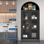 Meuble de rangement en métal avec porte vitrée cintrée, noir/blanc, 73 po, 2 tablettes réglables