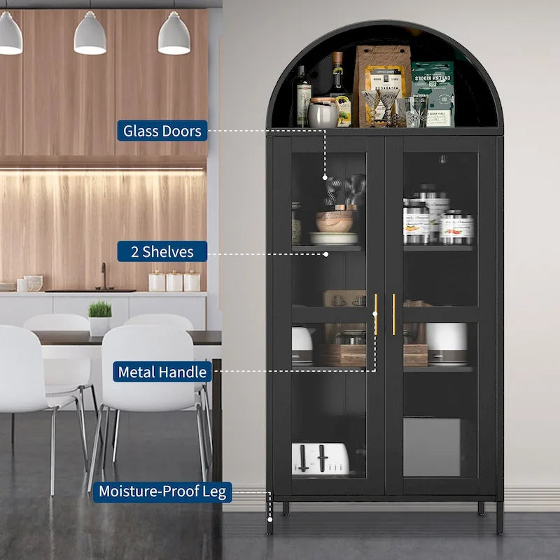 Meuble de rangement en métal avec porte vitrée cintrée, noir/blanc, 73 po, 2 tablettes réglables