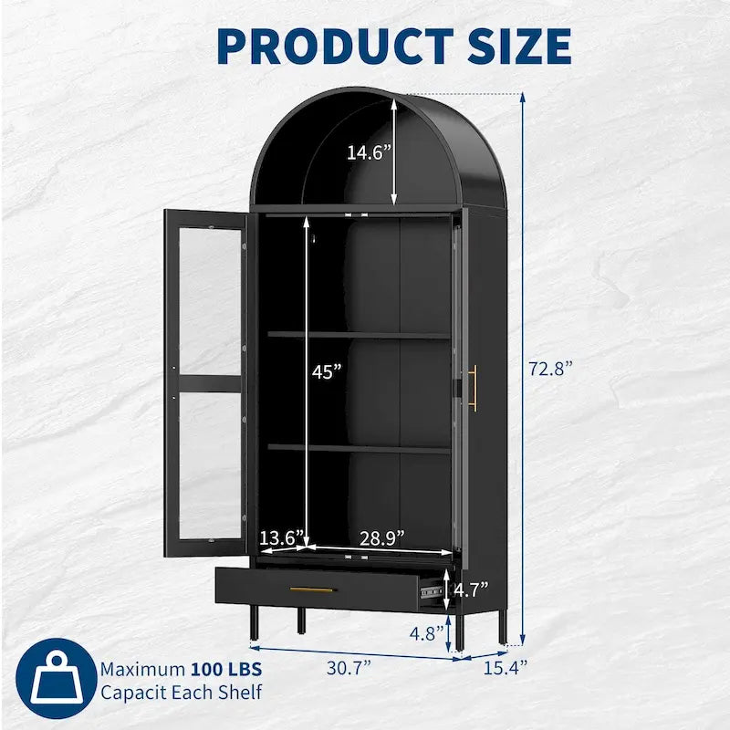 Meuble de rangement en métal avec porte vitrée cintrée, noir/blanc, 73 po, 2 tablettes réglables