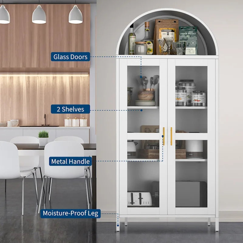 Meuble de rangement en métal avec porte vitrée cintrée, noir/blanc, 73 po, 2 tablettes réglables