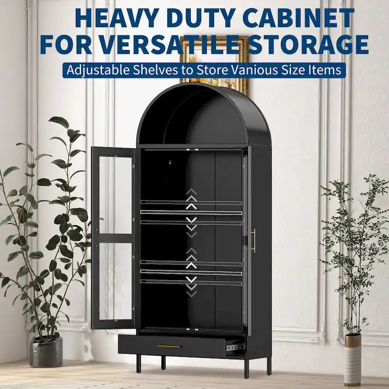 Meuble de rangement en métal avec porte vitrée cintrée, noir/blanc, 73 po, 2 tablettes réglables