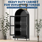 Meuble de rangement en métal avec porte vitrée cintrée, noir/blanc, 73 po, 2 tablettes réglables