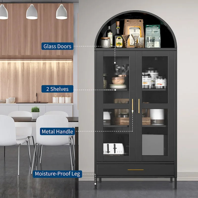 Meuble de rangement en métal avec porte vitrée cintrée, noir/blanc, 73 po, 2 tablettes réglables