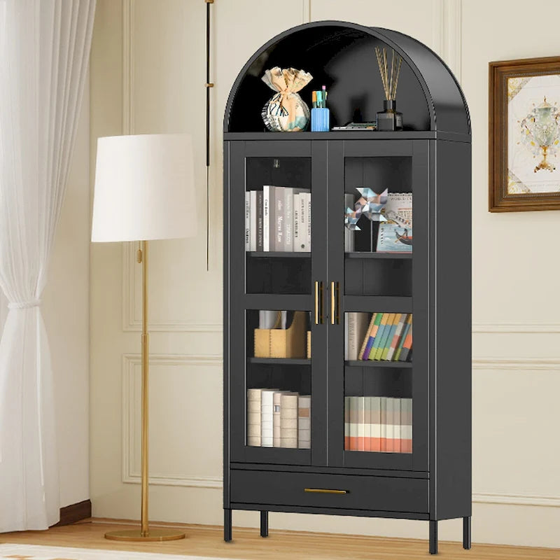 Meuble de rangement en métal avec porte vitrée cintrée, noir/blanc, 73 po, 2 tablettes réglables