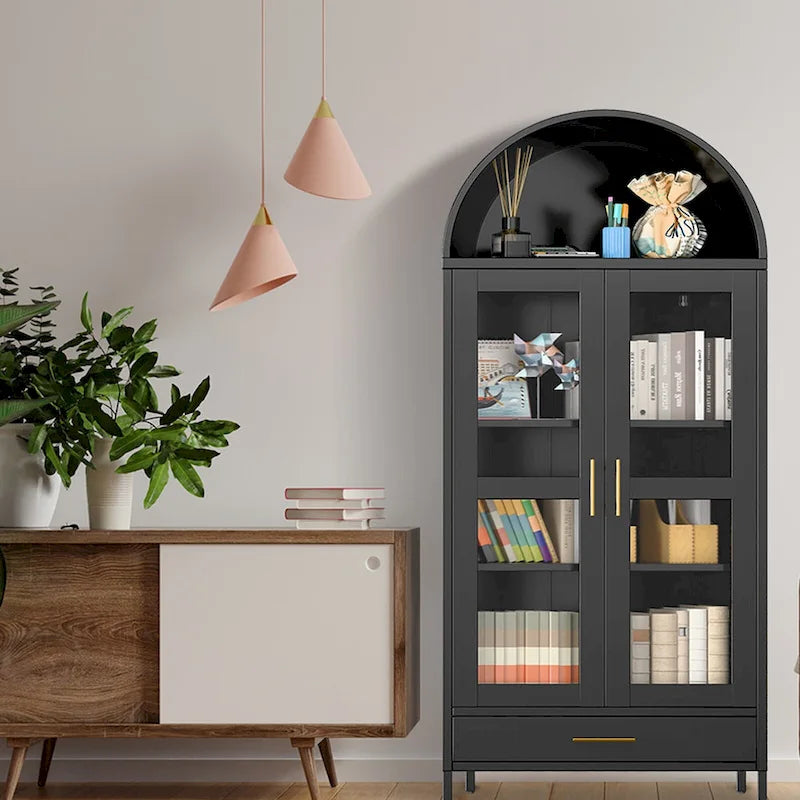 Meuble de rangement en métal avec porte vitrée cintrée, noir/blanc, 73 po, 2 tablettes réglables