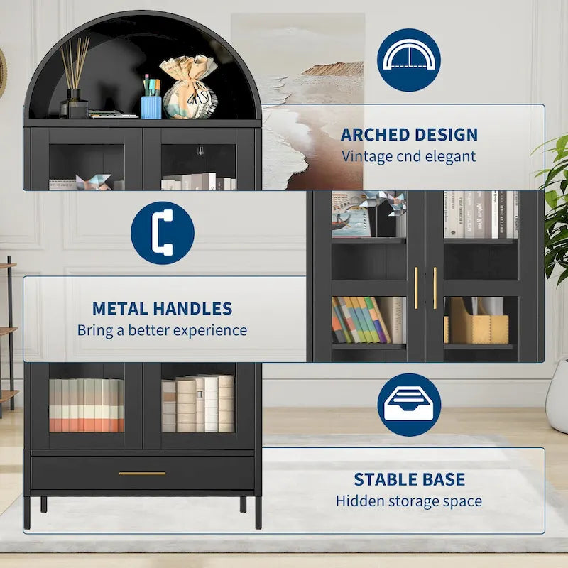 Meuble de rangement en métal avec porte vitrée cintrée, noir/blanc, 73 po, 2 tablettes réglables