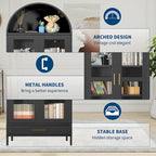 Meuble de rangement en métal avec porte vitrée cintrée, noir/blanc, 73 po, 2 tablettes réglables