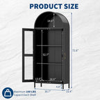 Meuble de rangement en métal avec porte vitrée cintrée, noir/blanc, 73 po, 2 tablettes réglables