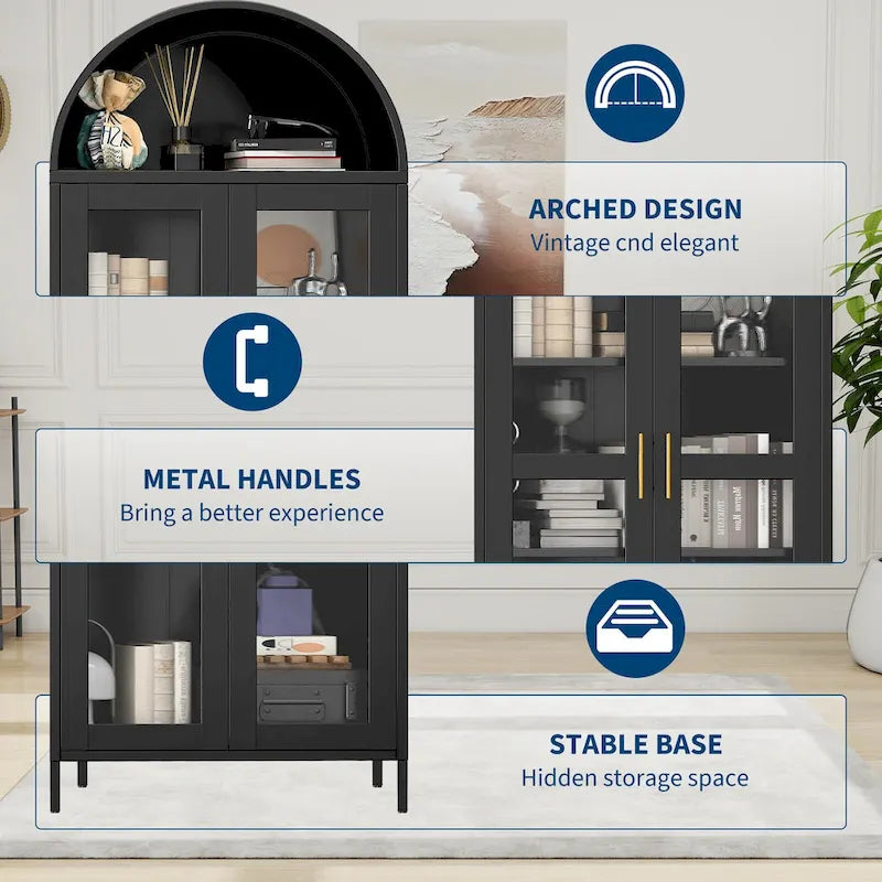 Meuble de rangement en métal avec porte vitrée cintrée, noir/blanc, 73 po, 2 tablettes réglables