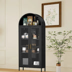 Meuble de rangement en métal avec porte vitrée cintrée, noir/blanc, 73 po, 2 tablettes réglables