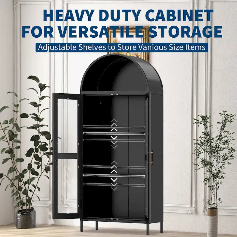 Meuble de rangement en métal avec porte vitrée cintrée, noir/blanc, 73 po, 2 tablettes réglables
