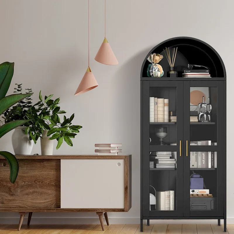 Meuble de rangement en métal avec porte vitrée cintrée, noir/blanc, 73 po, 2 tablettes réglables