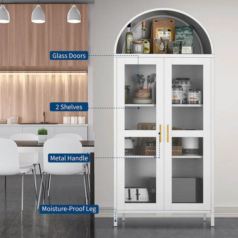 Meuble de rangement en métal avec porte vitrée cintrée, noir/blanc, 73 po, 2 tablettes réglables