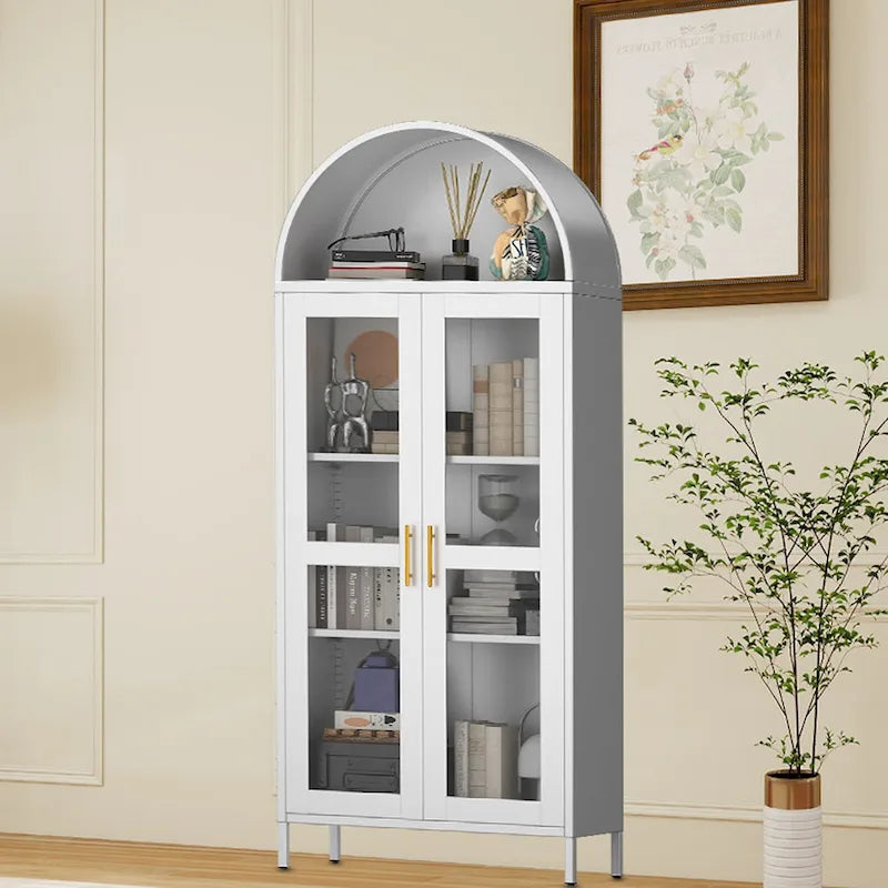 Meuble de rangement en métal avec porte vitrée cintrée, noir/blanc, 73 po, 2 tablettes réglables