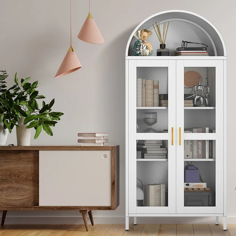 Meuble de rangement en métal avec porte vitrée cintrée, noir/blanc, 73 po, 2 tablettes réglables
