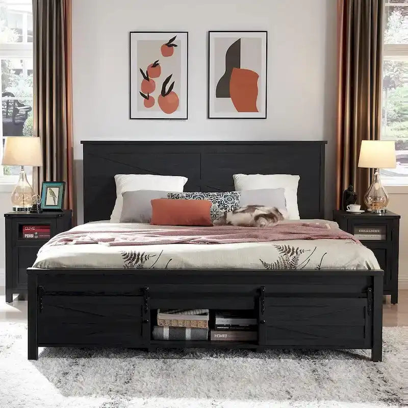 Farmhouse Queen Size Wood Bed Frame , with Cabinets and Headboard