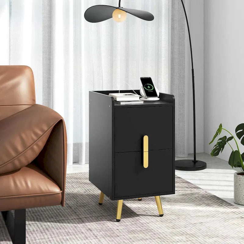 Table de chevet avec station de recharge, café / blanc / noir, table d'appoint à 2 tiroirs