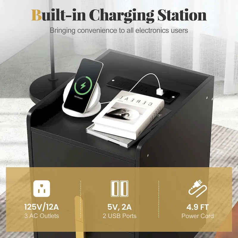 Table de chevet avec station de recharge, café / blanc / noir, table d'appoint à 2 tiroirs