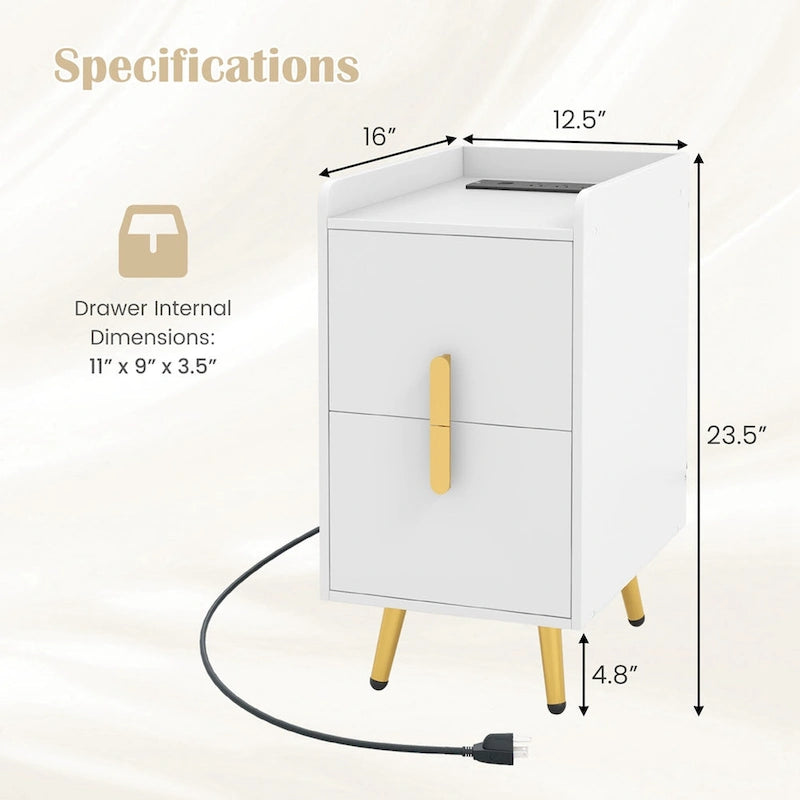 Table de chevet avec station de recharge, café / blanc / noir, table d'appoint à 2 tiroirs
