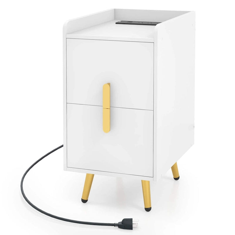 Table de chevet avec station de recharge, café / blanc / noir, table d'appoint à 2 tiroirs