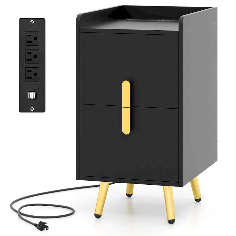 Table de chevet avec station de recharge, café / blanc / noir, table d'appoint à 2 tiroirs