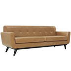 Canapé 3 places capitonné en cuir marron clair, style Mid-Century