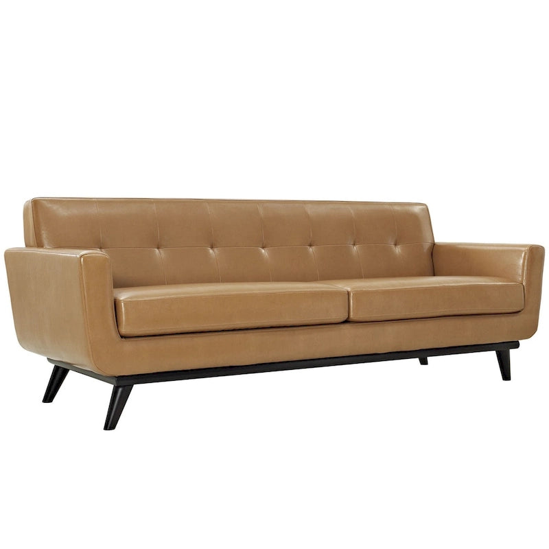 Canapé 3 places capitonné en cuir marron clair, style Mid-Century