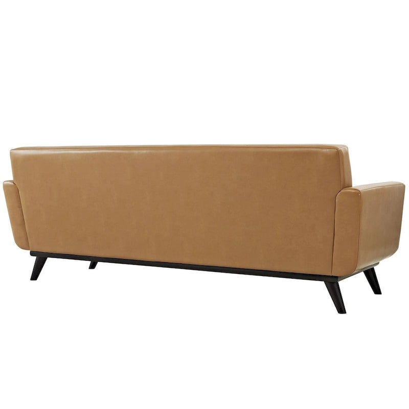 Canapé 3 places capitonné en cuir marron clair, style Mid-Century
