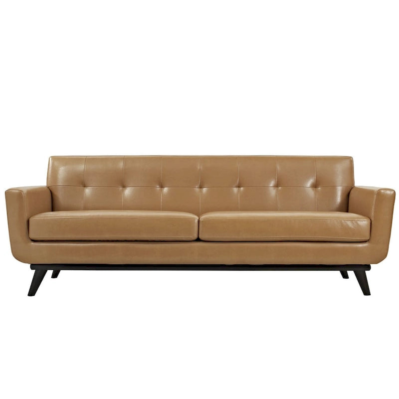 Canapé 3 places capitonné en cuir marron clair, style Mid-Century