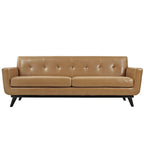 Canapé 3 places capitonné en cuir marron clair, style Mid-Century