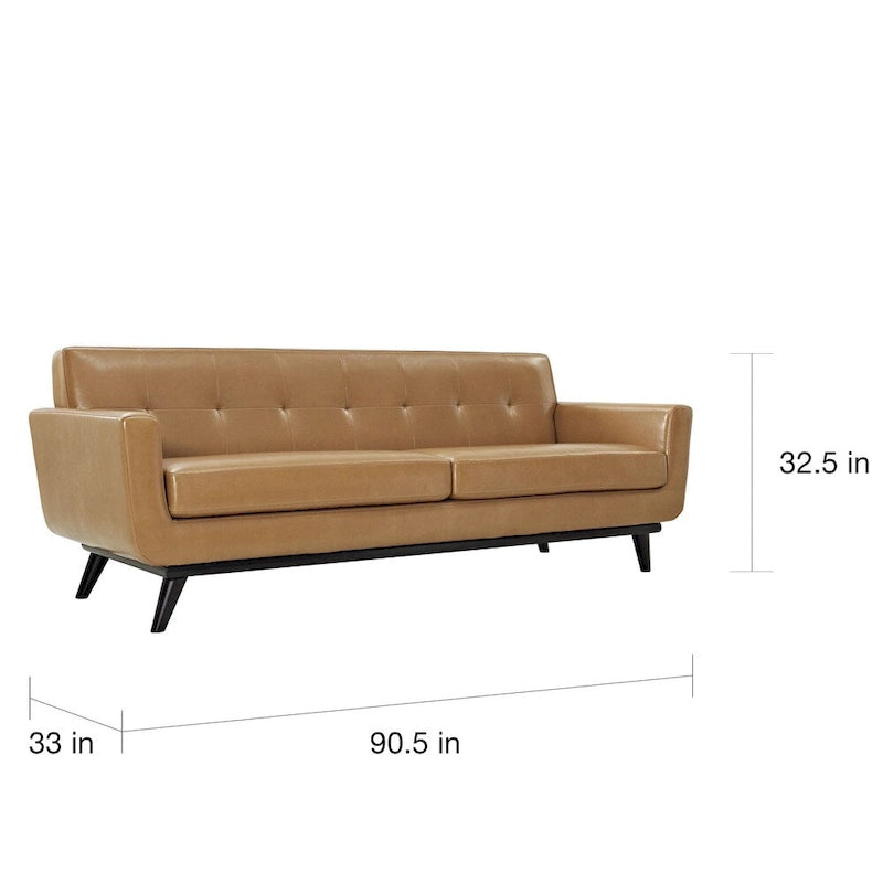 Canapé 3 places capitonné en cuir marron clair, style Mid-Century