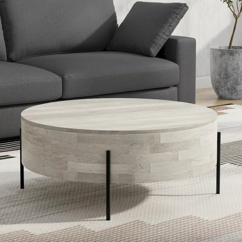 Table basse ronde à tambour – Blanc lavé / Noyer brun / Naturel, Places assises 4-6
