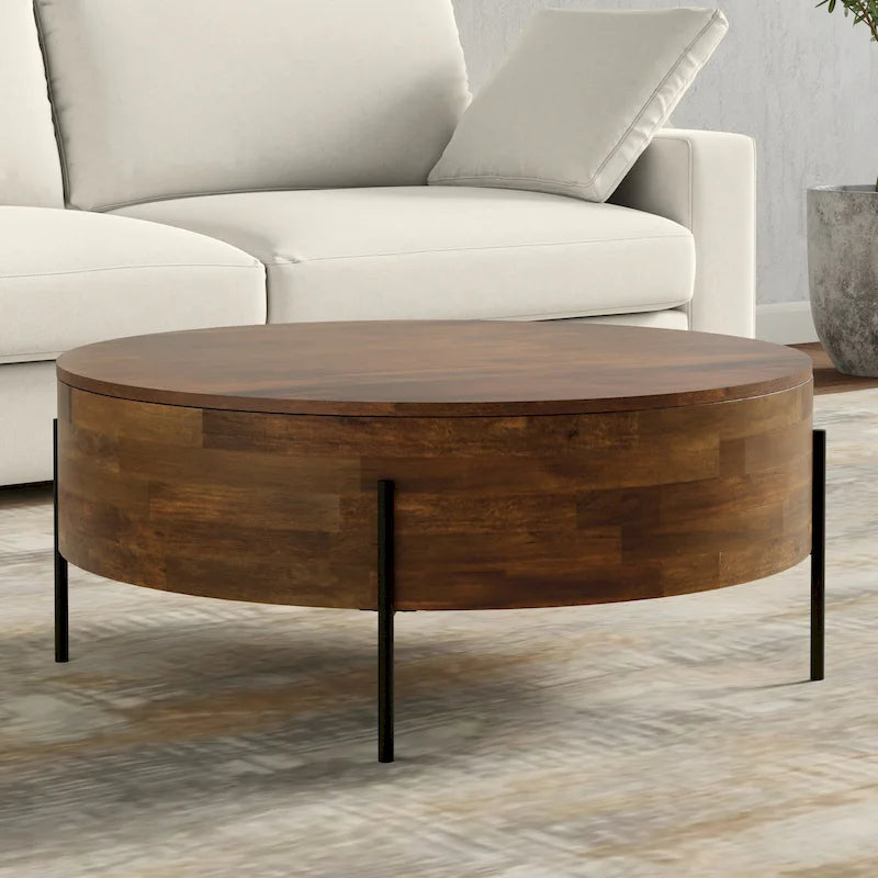 Table basse ronde à tambour – Blanc lavé / Noyer brun / Naturel, Places assises 4-6