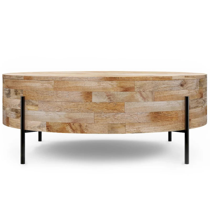 Table basse ronde à tambour – Blanc lavé / Noyer brun / Naturel, Places assises 4-6