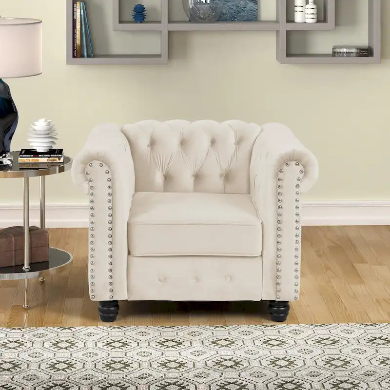 Fauteuil Chesterfield capitonné en velours beige/bleu/gris, une place
