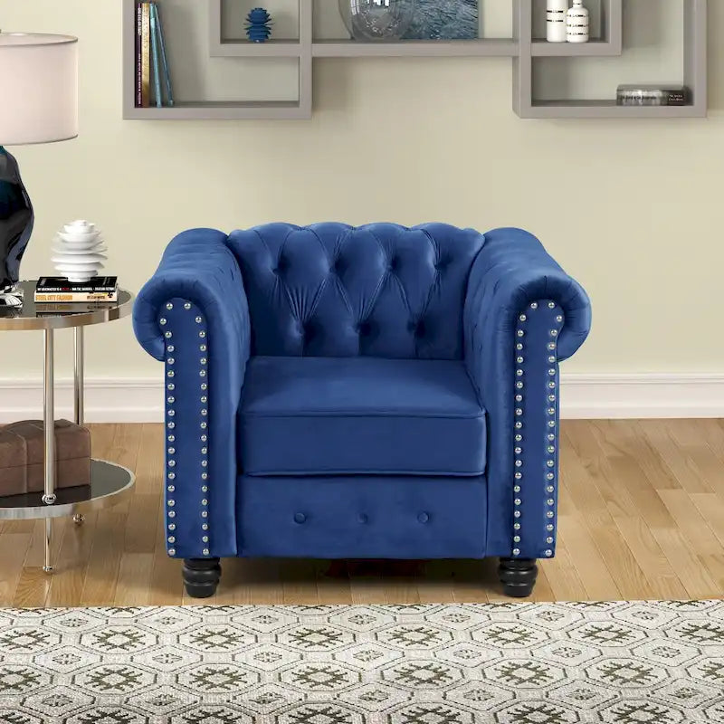 Fauteuil Chesterfield capitonné en velours beige/bleu/gris, une place