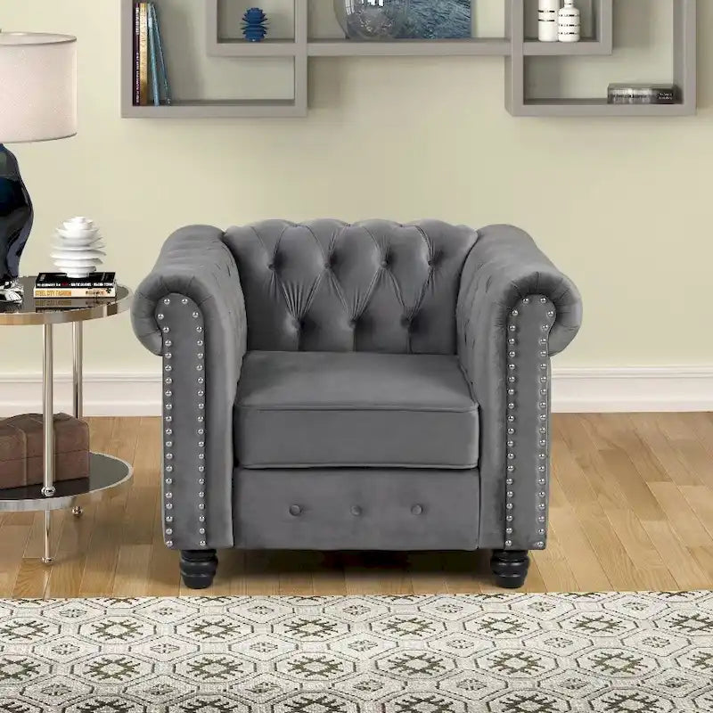 Fauteuil Chesterfield capitonné en velours beige/bleu/gris, une place