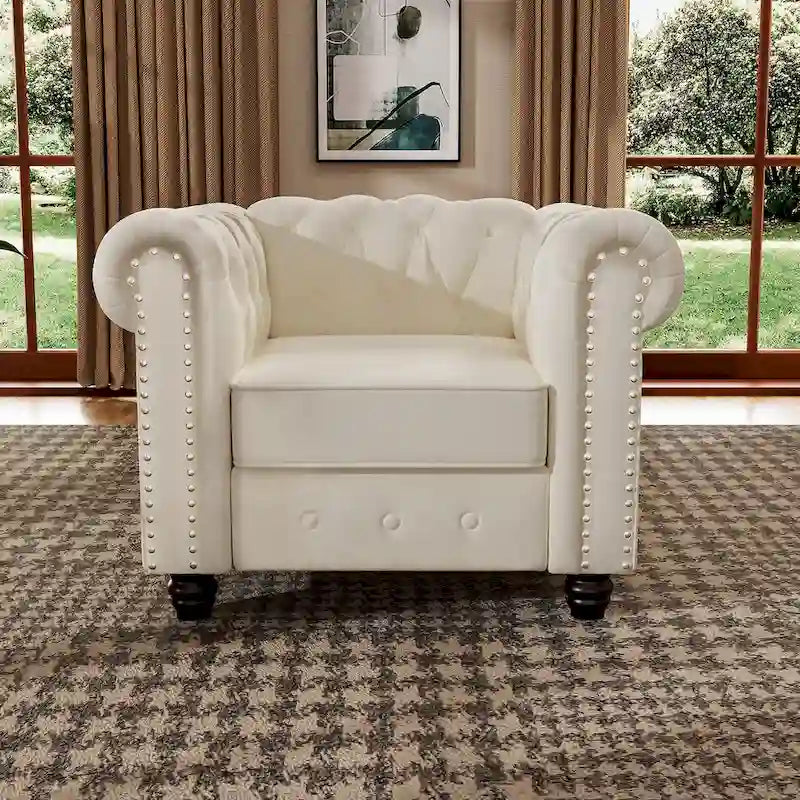 Fauteuil Chesterfield capitonné en velours beige/bleu/gris, une place