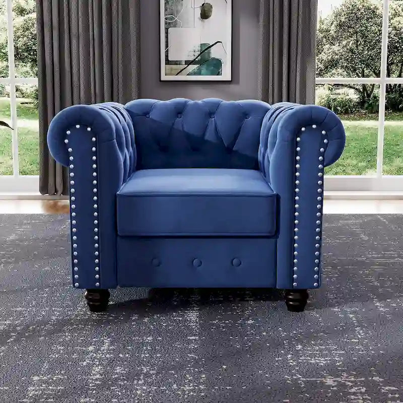 Fauteuil Chesterfield capitonné en velours beige/bleu/gris, une place