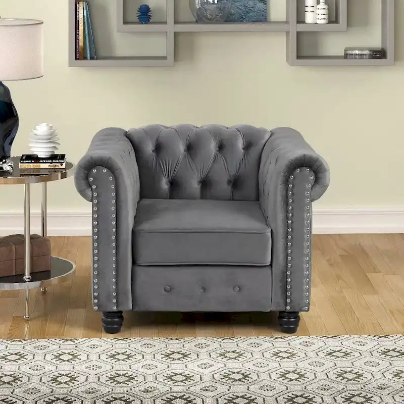 Fauteuil Chesterfield capitonné en velours beige/bleu/gris, une place