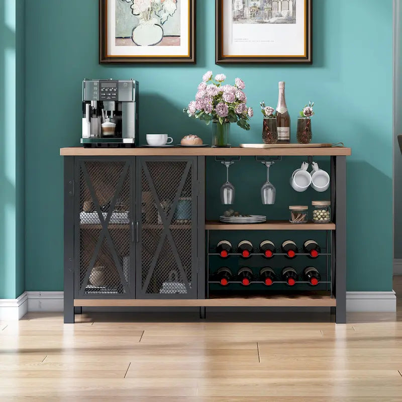 Meuble de bar à porte grillagée grise/brune avec casier à vin, 10 bouteilles