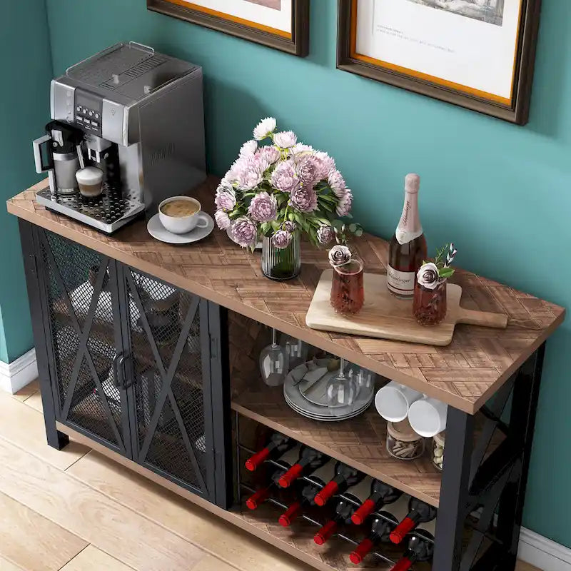 Meuble de bar à porte grillagée grise/brune avec casier à vin, 10 bouteilles