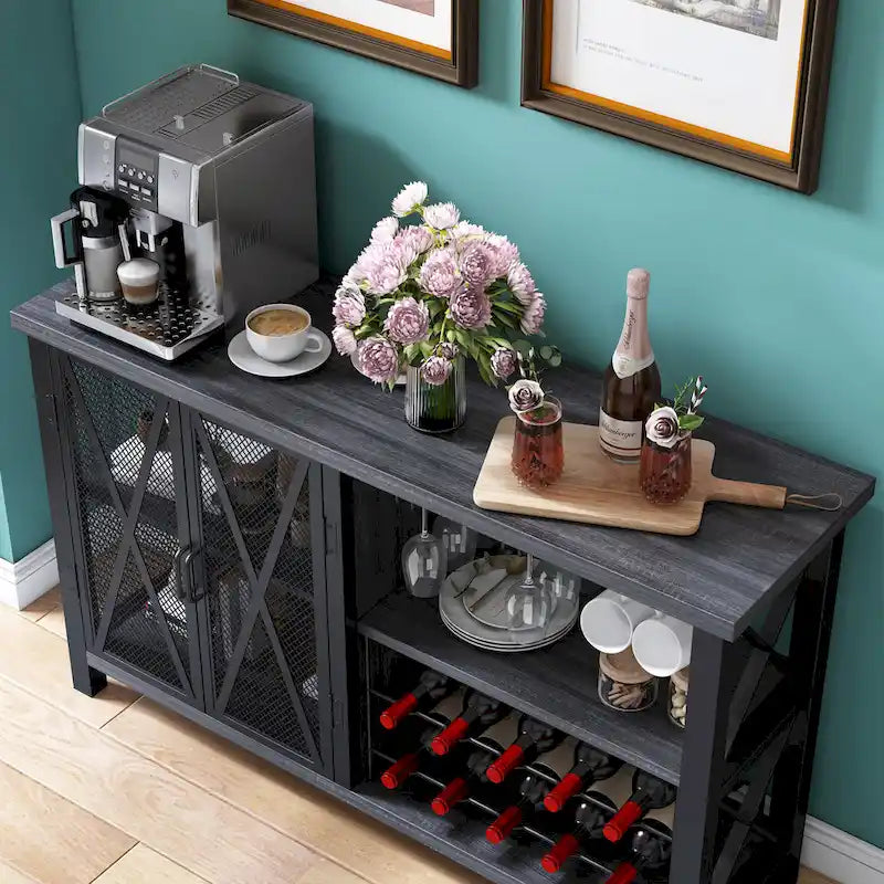 Meuble de bar à porte grillagée grise/brune avec casier à vin, 10 bouteilles