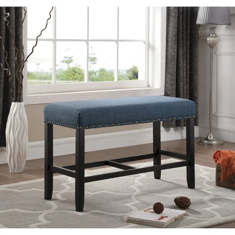 Roundhill Furniture Biony Blue Fabric Pub-Height 25.5  Dining Bench with Nailhead Trim