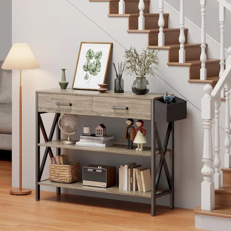 Table console Rétro Gris/Noir avec 2 tiroirs et 3 étagères, montage par 1 personne