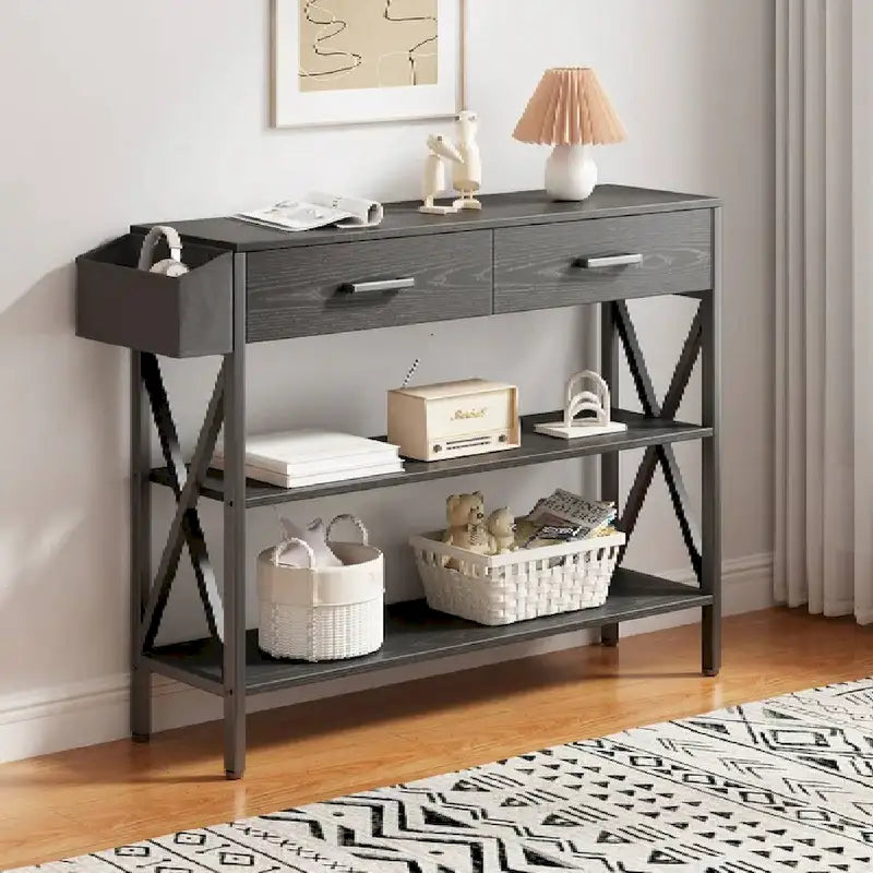 Table console Rétro Gris/Noir avec 2 tiroirs et 3 étagères, montage par 1 personne