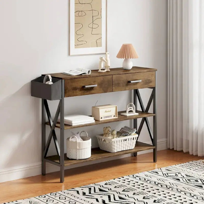 Table console Rétro Gris/Noir avec 2 tiroirs et 3 étagères, montage par 1 personne