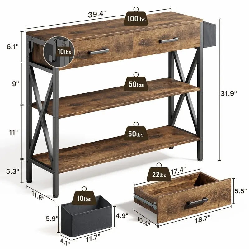 Table console Rétro Gris/Noir avec 2 tiroirs et 3 étagères, montage par 1 personne