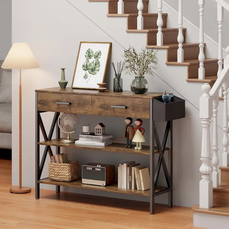 Table console Rétro Gris/Noir avec 2 tiroirs et 3 étagères, montage par 1 personne